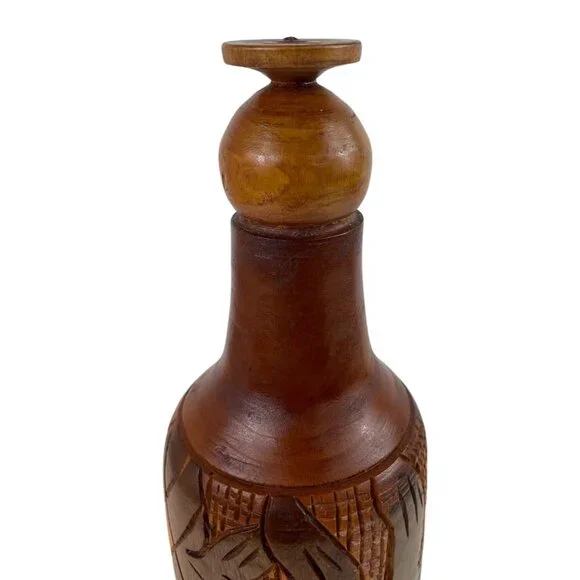 Handcrafted Carved Wooden 3 Piece Bottle Holder Lid Cup - Picture 6 of 16